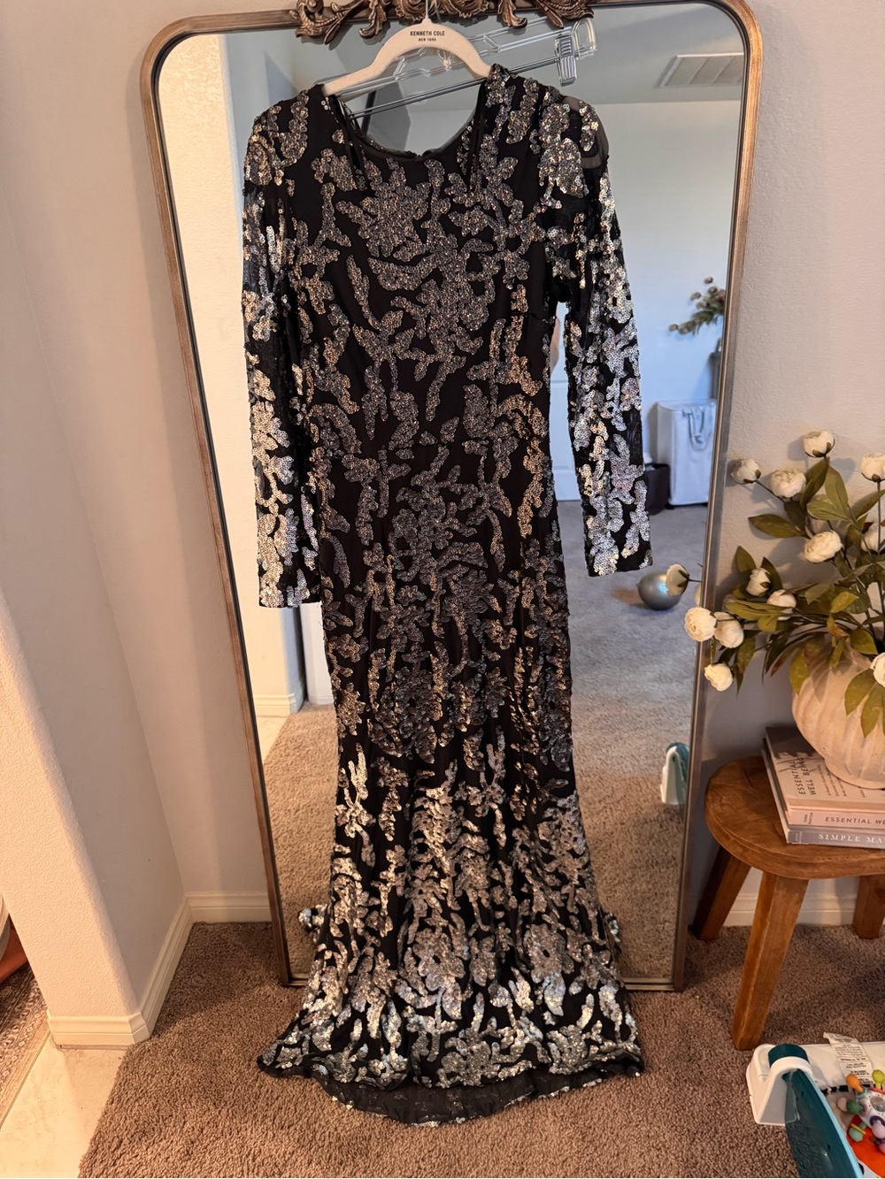 Xscape Black Long Sleeve Sequin Gown with Silver Embellishment
